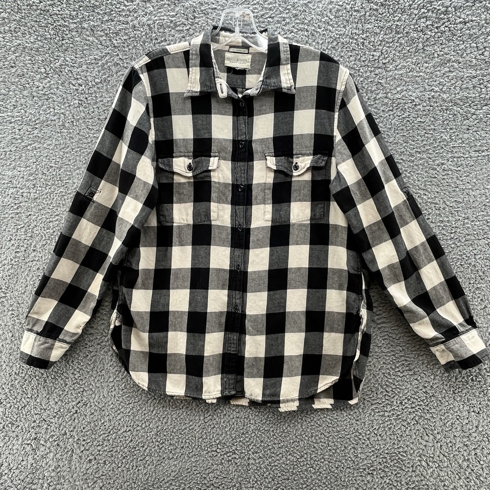 Denim Supply Ralph Lauren Shirt Women Large Black Plaid Flannel Relaxed Classic